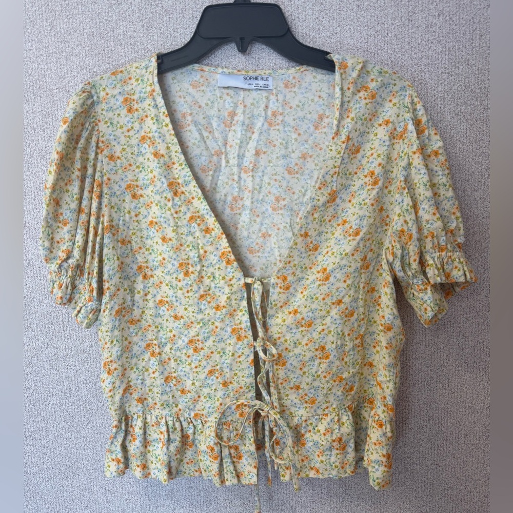 Sophie Rue Women Sz L Yellow Blue Floral Puff Sleeve Tie Front Top‎ Cottagecore